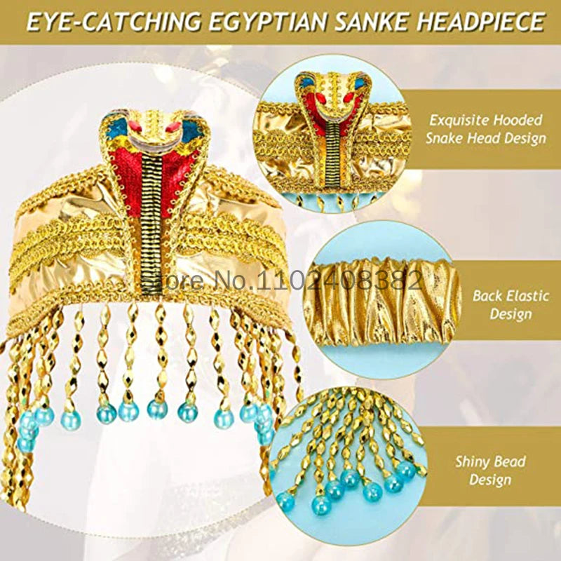 Cleopatra Jewelry Headband Snake Headpiece Adult Belt Collar Hat Set Halloween 4 Pieces Women's Egyptian Costume Accessories