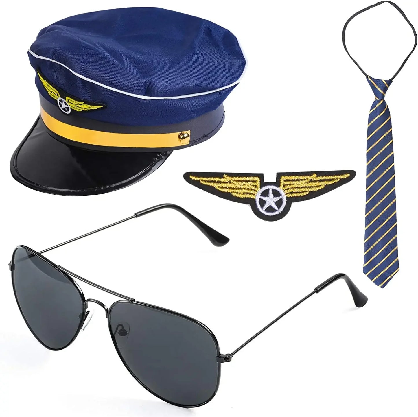 Capitano Pilota D’Aereo Costume Kit Pilot Dress Up Set di Accessori  con Occhiali da Pilota Cappello Collaba Cravatta da Pilota