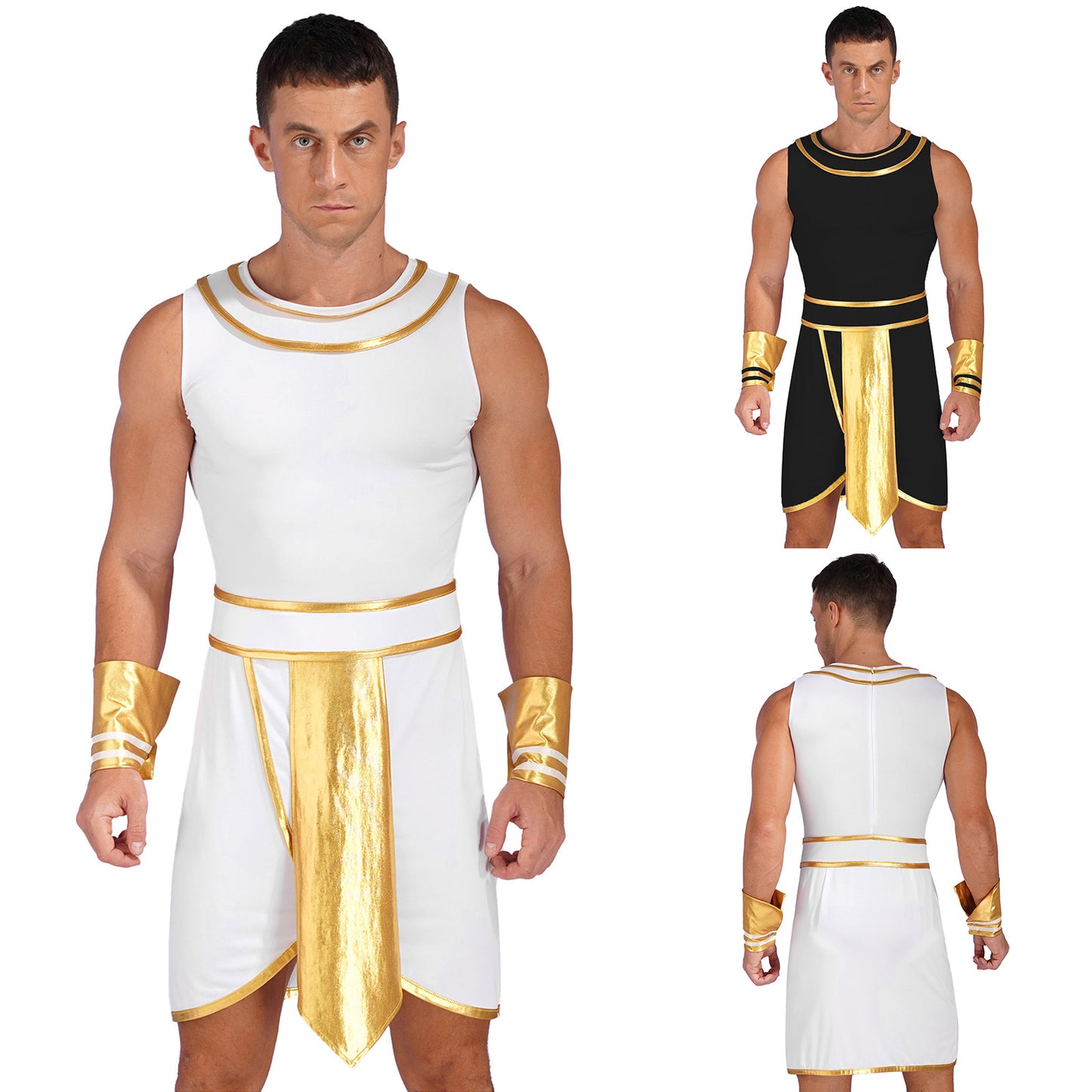 Mens Halloween Egyptian Pharaoh Costume Cosplay Theme Party Ancient Egypt God Robe Dress Greek Rome Spartan Warrior with Cuffs