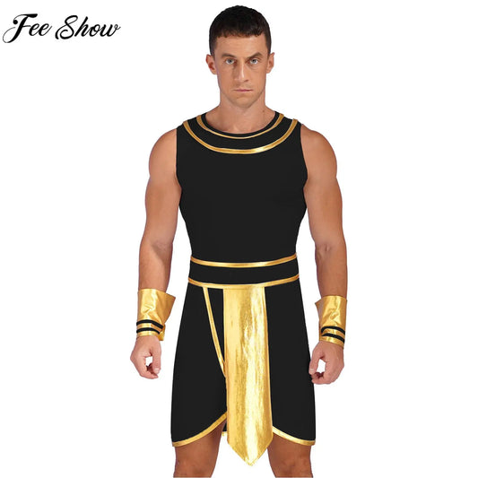 Mens Halloween Egyptian Pharaoh King Cosplay Costume Contrast Color Dress with Cuff Theme Party Ancient Egypt Role Play Clothes