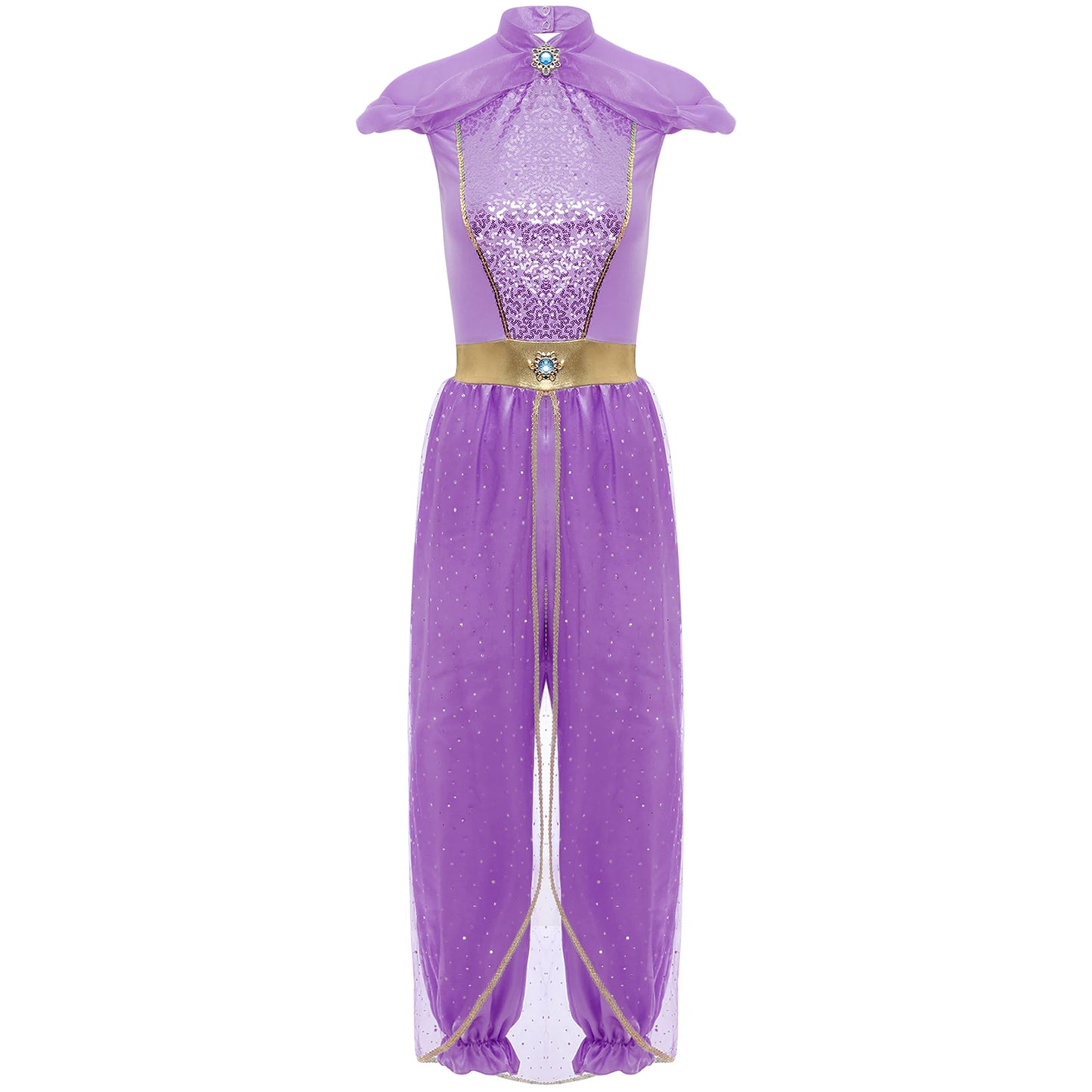 Womens Halloween Arabian Princess Costume Gems Sequin Tulle Rompers Belly Dance Jumpsuit for Carnival Aladin Theme Party Cosplay