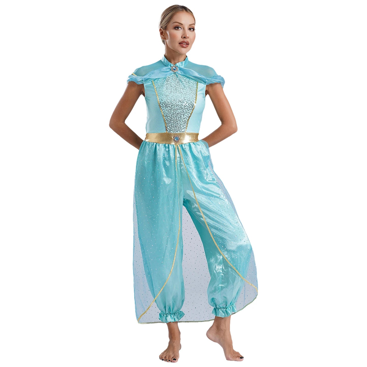 Womens Halloween Arabian Princess Costume Gems Sequin Tulle Rompers Belly Dance Jumpsuit for Carnival Aladin Theme Party Cosplay