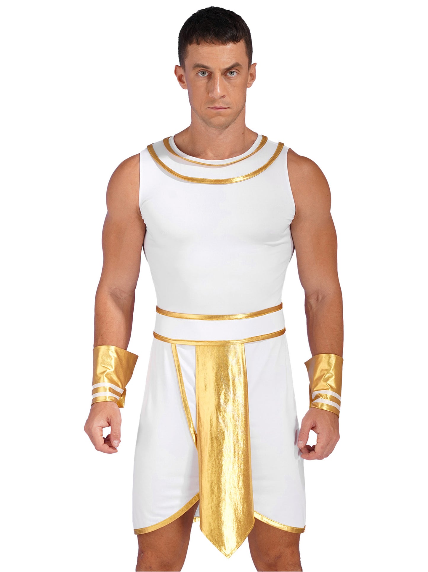 Mens Halloween Egyptian Pharaoh Costume Cosplay Theme Party Ancient Egypt God Robe Dress Greek Rome Spartan Warrior with Cuffs