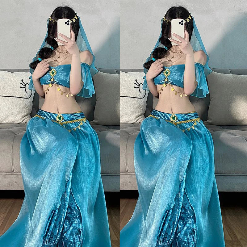 Women Sexy Arabian Princess Costume Fancy Indian Dance Embroider Bollywoods Jasmine Dress Up Egyptian Queen Belly Dance Costume