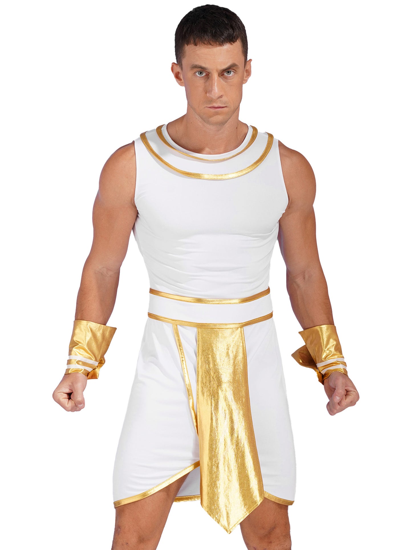 Mens Halloween Egyptian Pharaoh King Cosplay Costume Contrast Color Dress with Cuff Theme Party Ancient Egypt Role Play Clothes