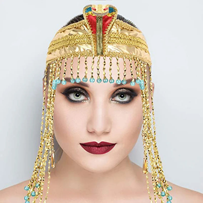 3 Pieces Egyptian Costume Accessories Egyptian Headpiece with 2 Pieces Metal Snake Arm Cuffs Swirl Snake Bracelets Snake Upper