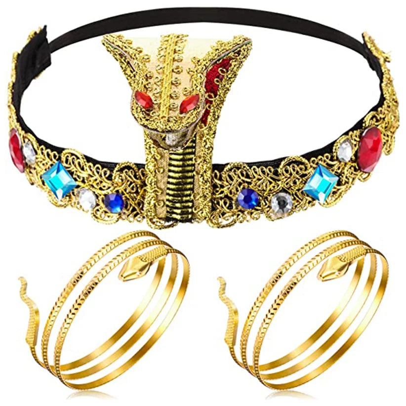 3 Pieces Egyptian Costume Accessories Egyptian Headpiece with 2 Pieces Metal Snake Arm Cuffs Swirl Snake Bracelets Snake Upper