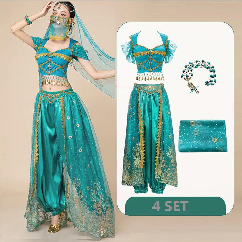 Women Arabic Belly Dance Costume Adult Oriental Indian Sari Bollywood Jasmine Halloween Cosplay Headdress Top Pants Rave Outfit