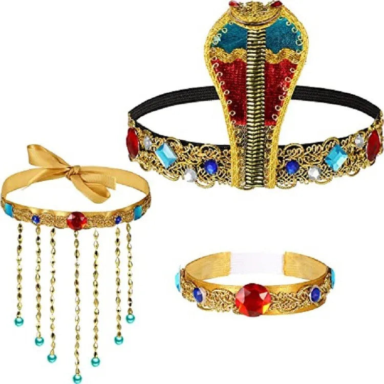 3 Pieces Egyptian Costume Accessories Egyptian Headpiece with 2 Pieces Metal Snake Arm Cuffs Swirl Snake Bracelets Snake Upper