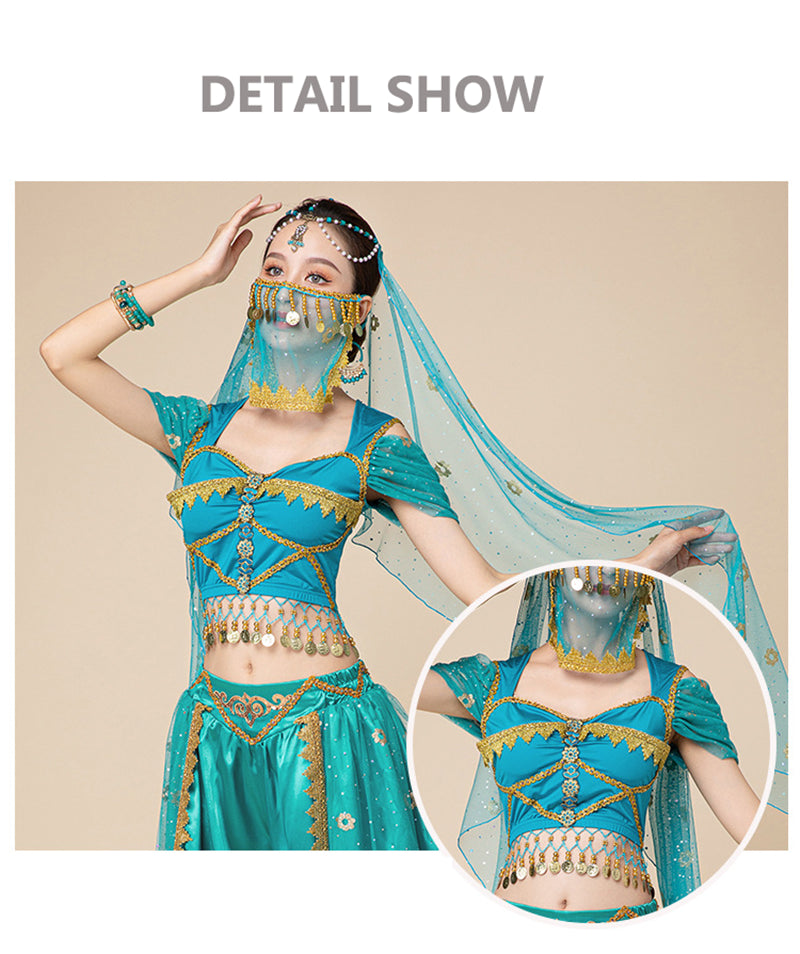 Women Arabic Belly Dance Costume Adult Oriental Indian Sari Bollywood Jasmine Halloween Cosplay Headdress Top Pants Rave Outfit