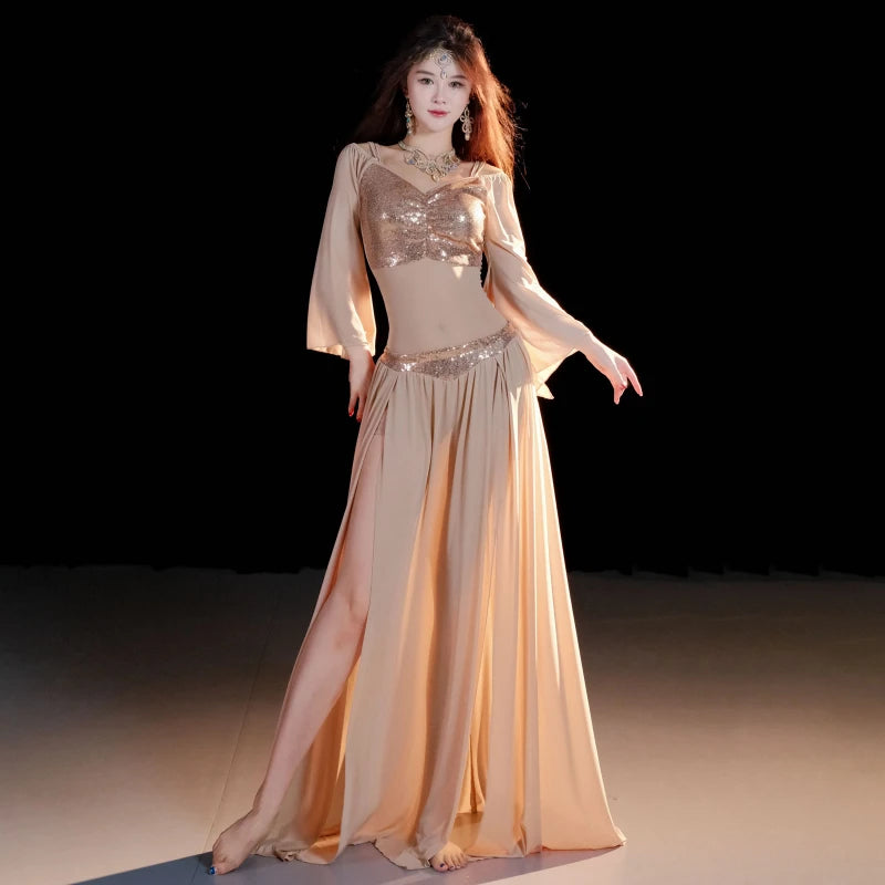 BellyDance Suit for Women Oriental Dance Sequin Long Sleeved Top+sexy Split Long Skirt 2pcs Adult Professional Practice Clothes