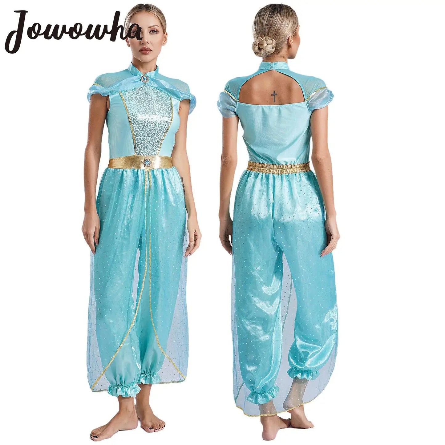 Womens Halloween Arabian Princess Costume Gems Sequin Tulle Rompers Belly Dance Jumpsuit for Carnival Aladin Theme Party Cosplay