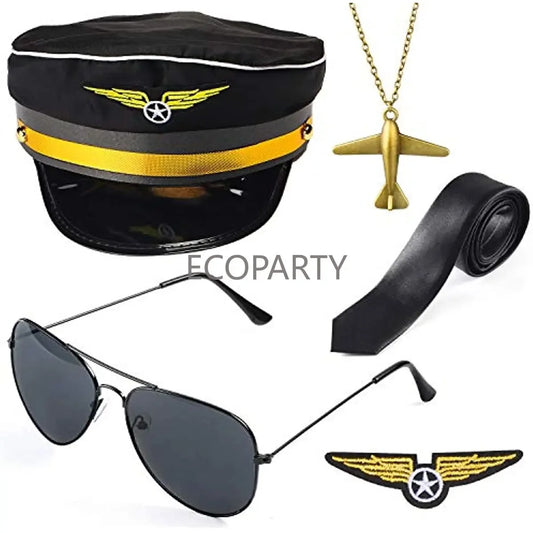 Capitano Pilota D’Aereo Costume Kit Pilot Dress Up Set di Accessori  con Occhiali da Pilota Cappello Collaba Cravatta da Pilota