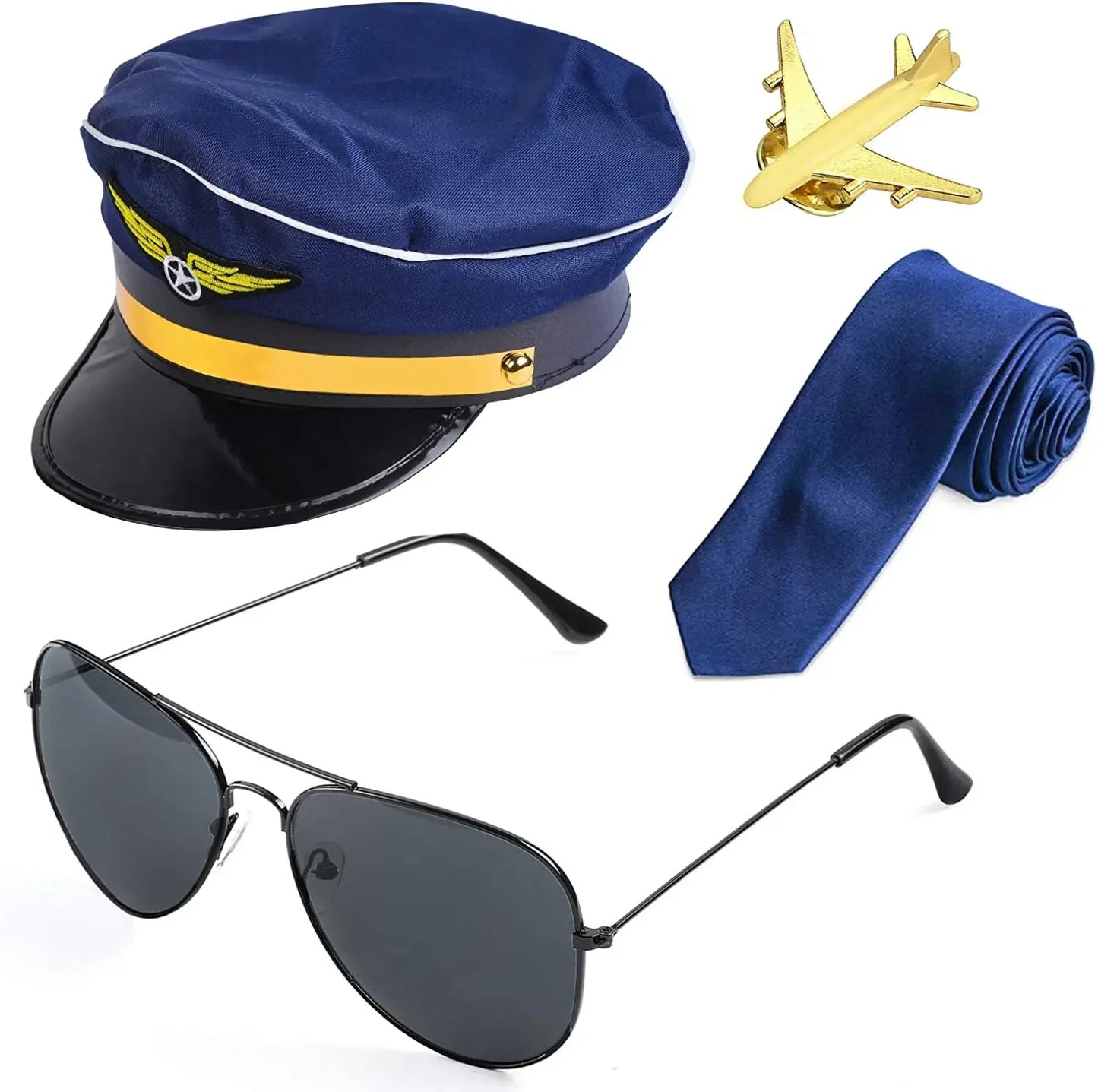 Capitano Pilota D’Aereo Costume Kit Pilot Dress Up Set di Accessori  con Occhiali da Pilota Cappello Collaba Cravatta da Pilota