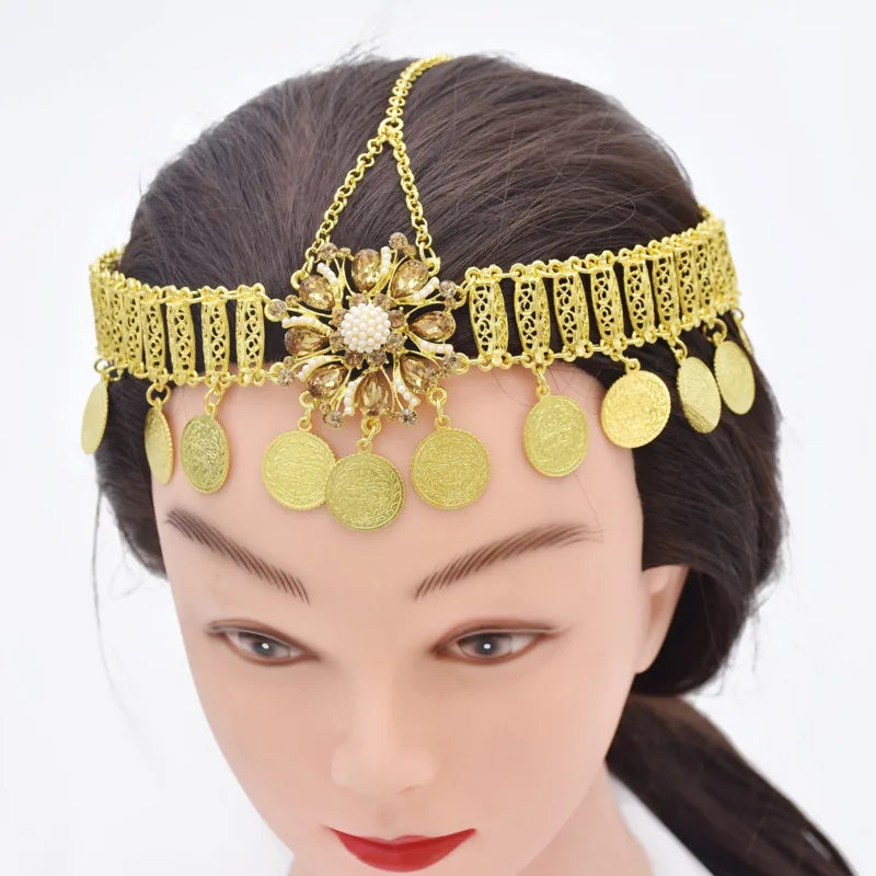 Arab Bridal Headdress Trend Gold Color Crystal Flower Coin Tassel Head Chain Jewelry Headpiece For Women Prom Party Accessories