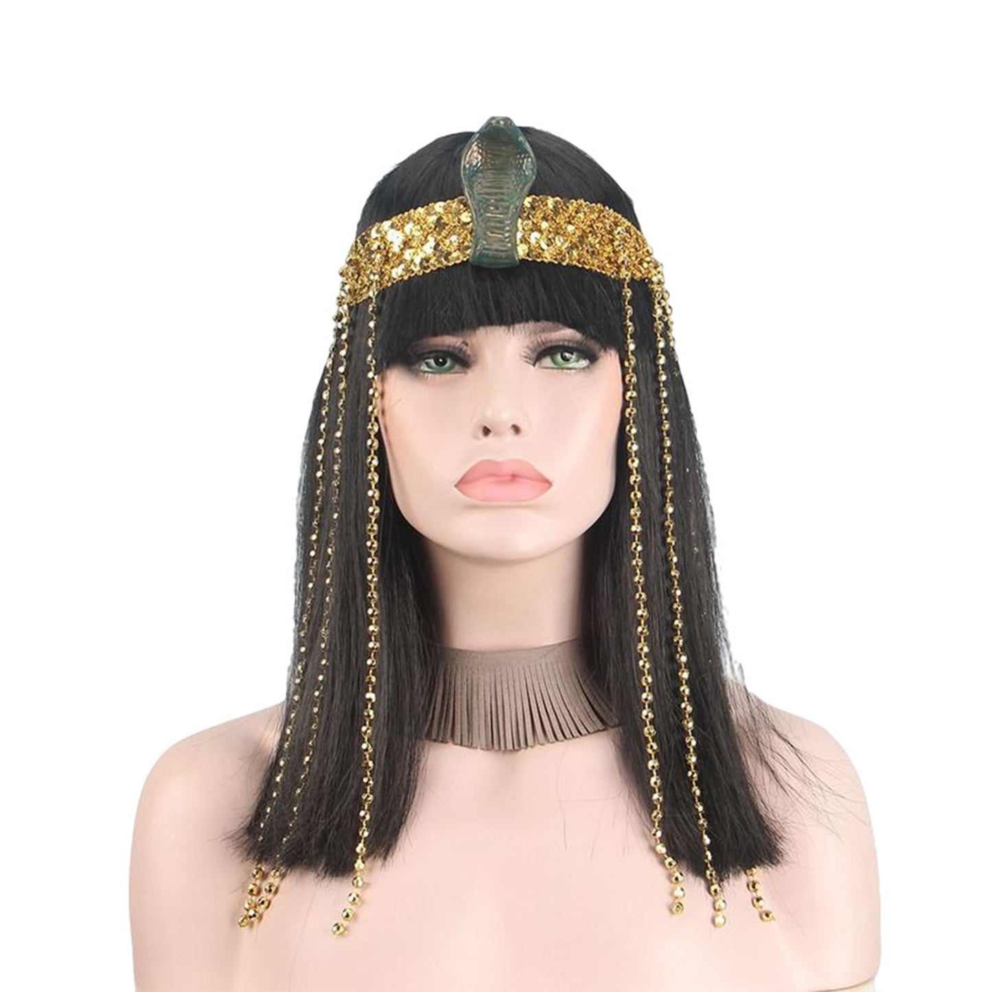 Cleopatra Egyptian Queen Wig and Beads Fringe Snake Headband Straight Hair Wig Egypt Neck Collar Halloween Cosplay Accessories