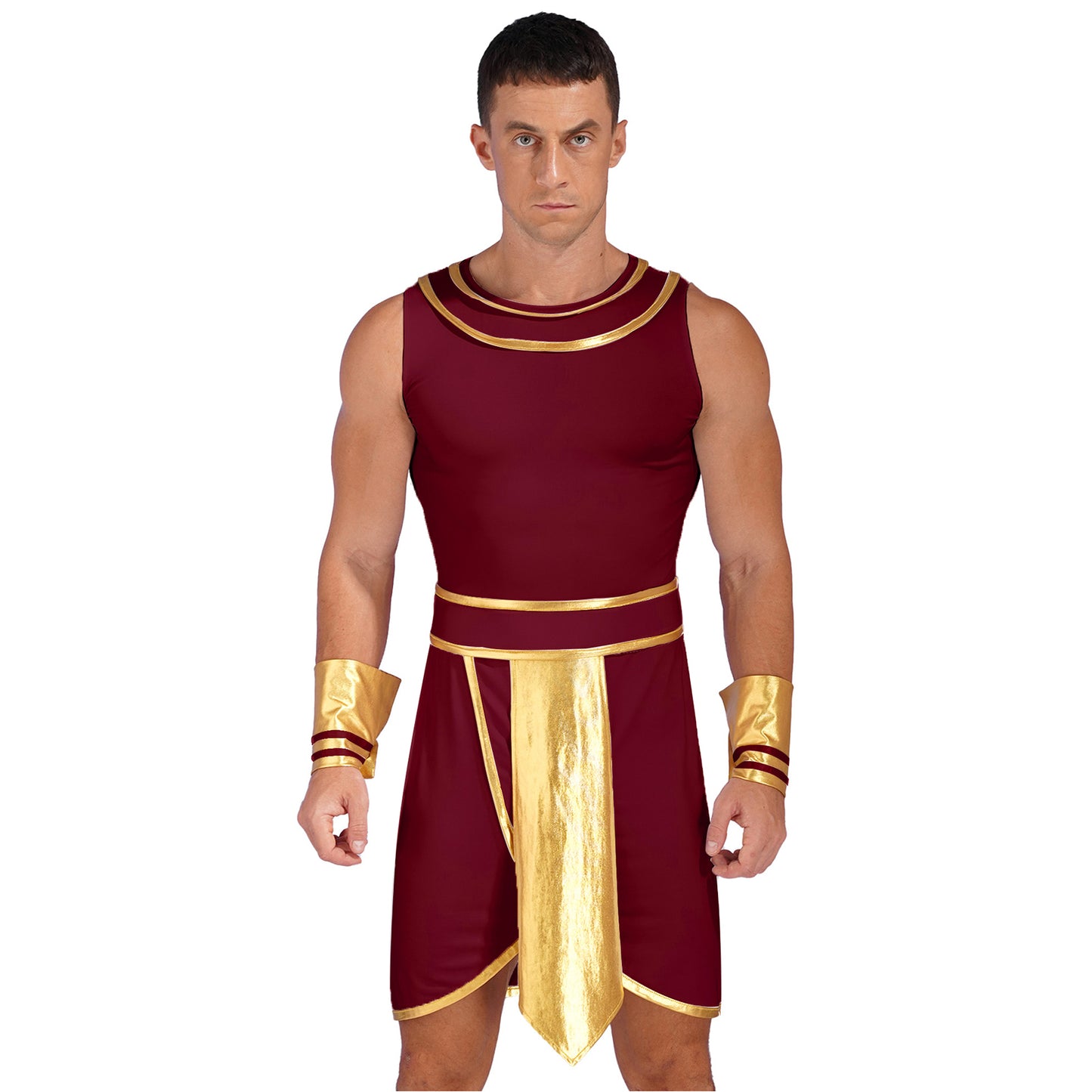 Ancient Mens Egypt Priest Role Play Costume Egyptian Pharaoh Cosplay Dresses Sleeveless Dress with Cuffs Halloween Dress Up