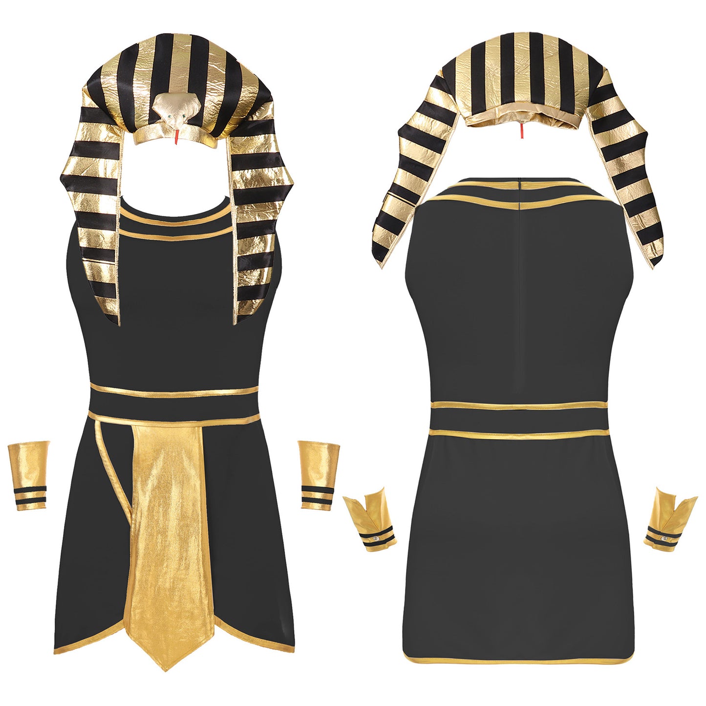 Mens Halloween Egyptian Pharaoh King Cosplay Costume Carnival Ancient Egypt Role Play Clothes Dress with Cuffs Snake Head Hat