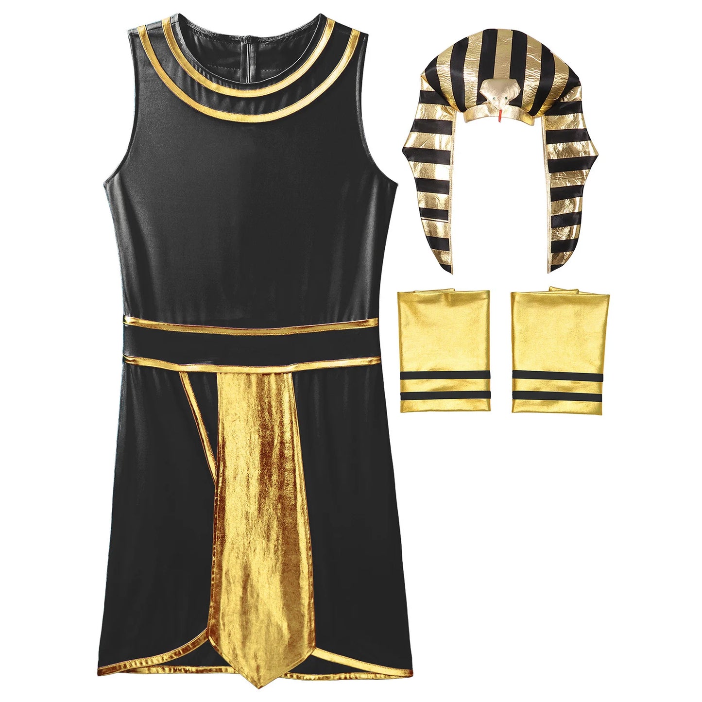 Mens Halloween Egyptian Pharaoh King Cosplay Costume Carnival Ancient Egypt Role Play Clothes Dress with Cuffs Snake Head Hat