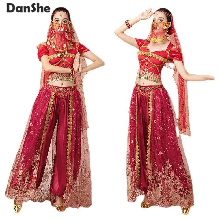 Women Arabic Belly Dance Costume Adult Oriental Indian Sari Bollywood Jasmine Halloween Cosplay Headdress Top Pants Rave Outfit