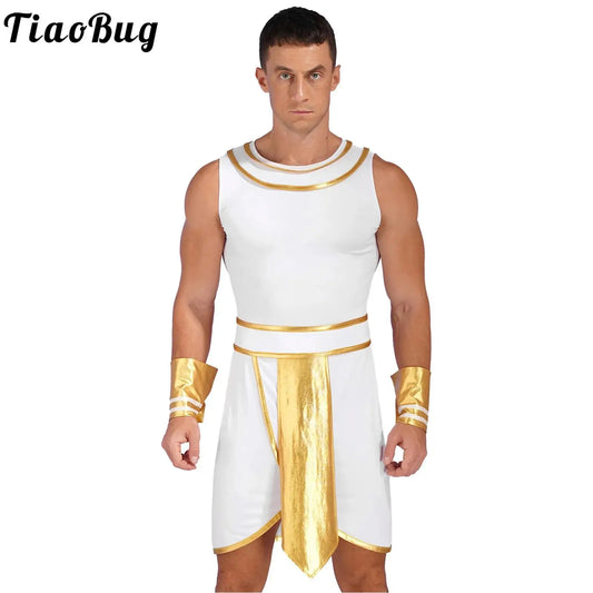 Mens Halloween Egyptian Costume Adult Ancient Egypt King Prince Fancy Dress Up Robe Dress with Cuffs Outfit for Carnival Party