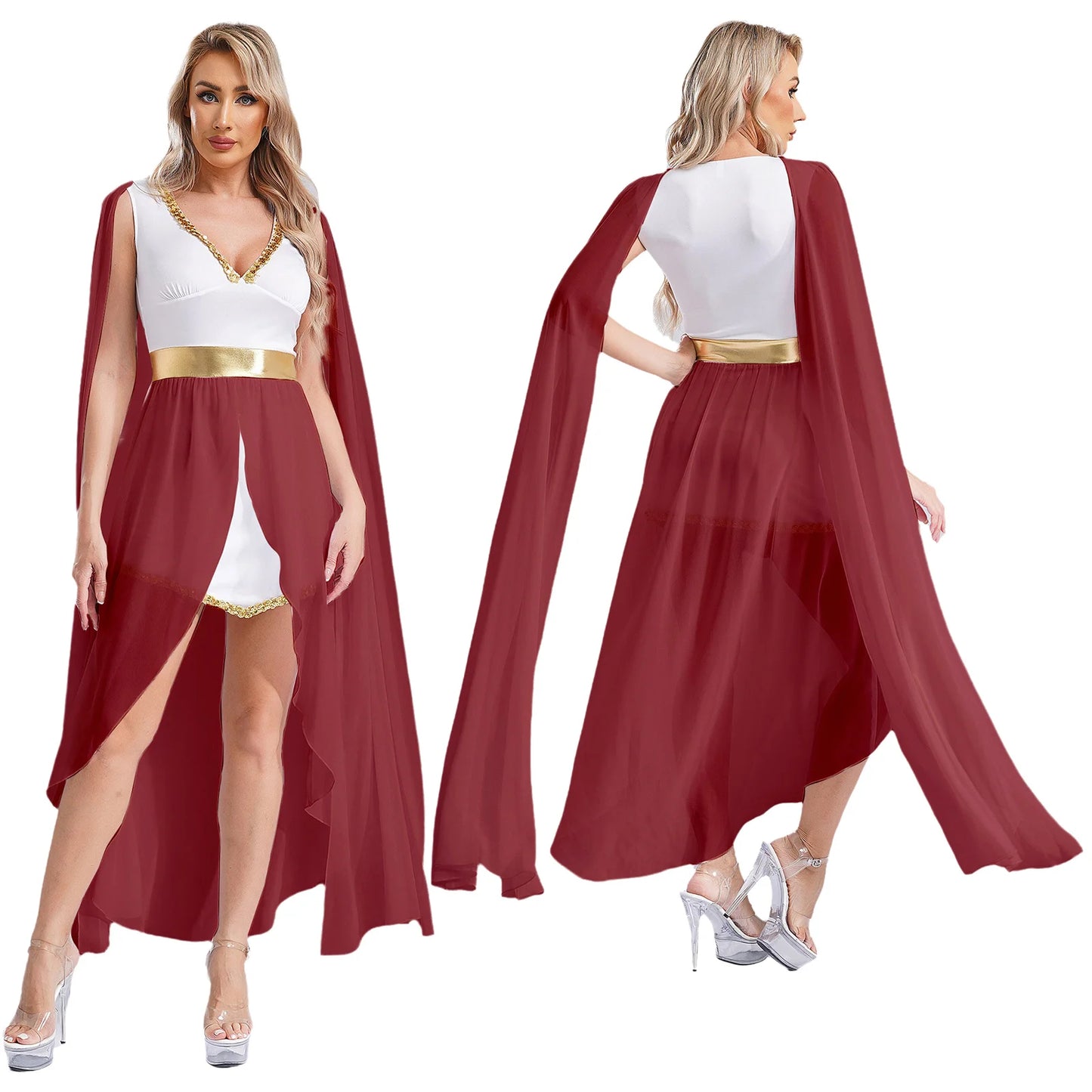 Women Halloween Ancient Greek Athena Goddesses Princess Queen Cosplay Costume Roman Toga Dress Cape Sleeve Sequin Split Gown